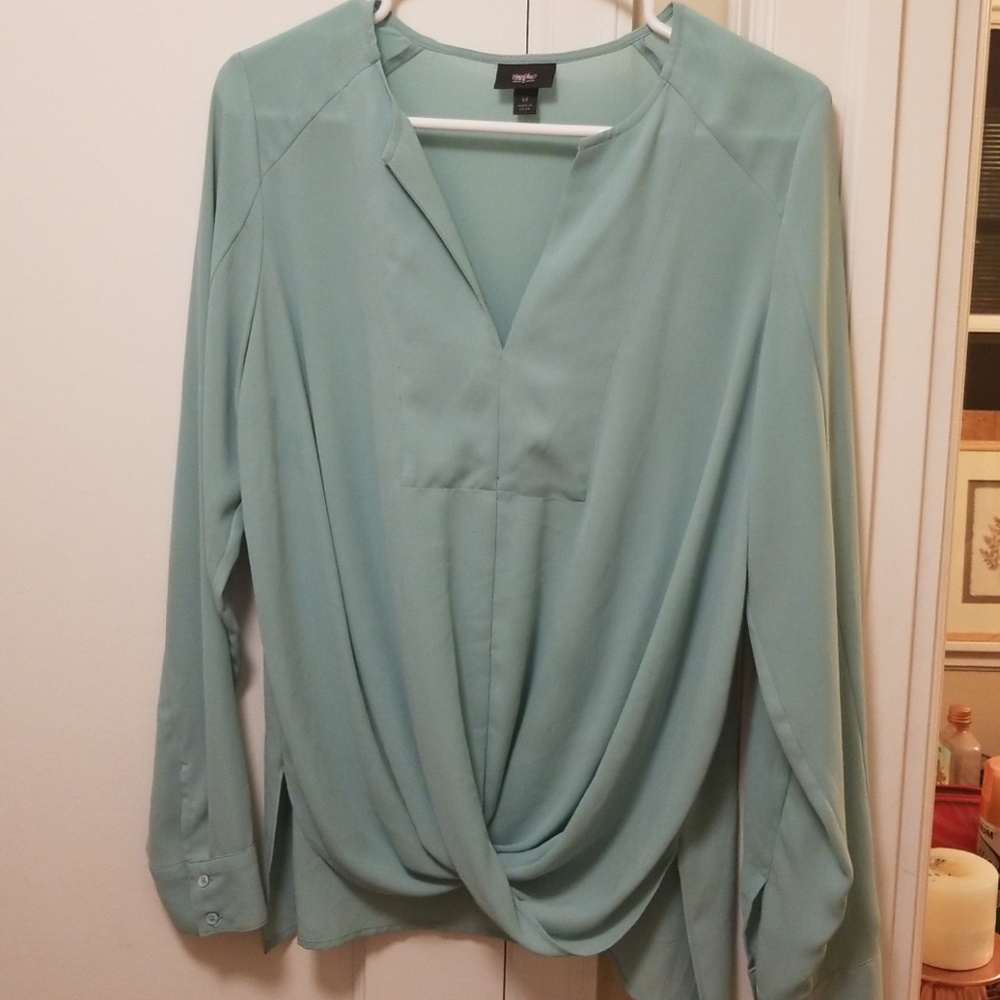 Draped Front Semi Sheer Light Blue Blouse